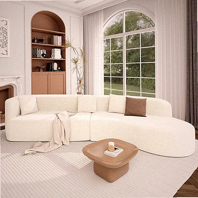 Modern Minimalist Large 2-Piece Sectional Curved Chenille Sofa with 3 Pillows an