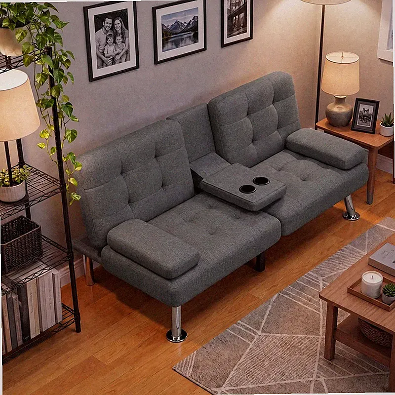 Modern Minimalist Linen Futon Sofa Bed Gray Cup Holder Convertible Living Room