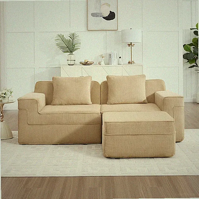 Modern Modular 2-Seat L-Shaped Sofa with Ottoman & Pillows, Camel Corduroy