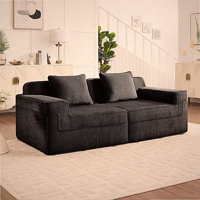 Modern Modular 2-Seat Loveseat Sofa with Pillows, No Assembly, Black Corduroy