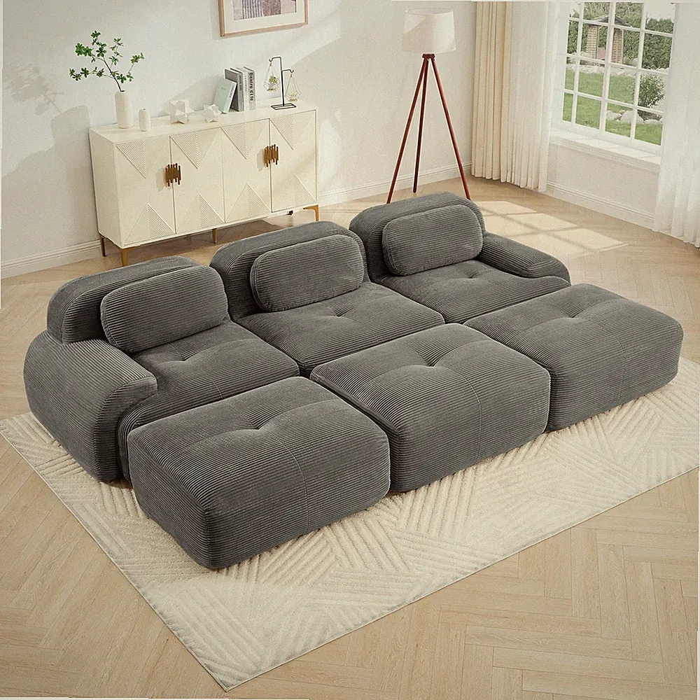 Modern Modular 3-Seat Curved Sectional Sofa with Ottoman, Grey Corduroy Fabric