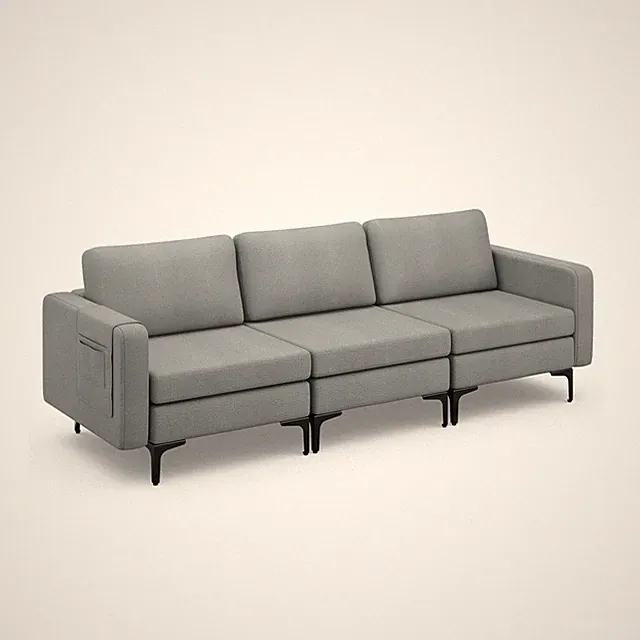 Modern Modular 3-Seat Sofa Couch w/ Side Storage Pocket & Metal Leg Dark Grey