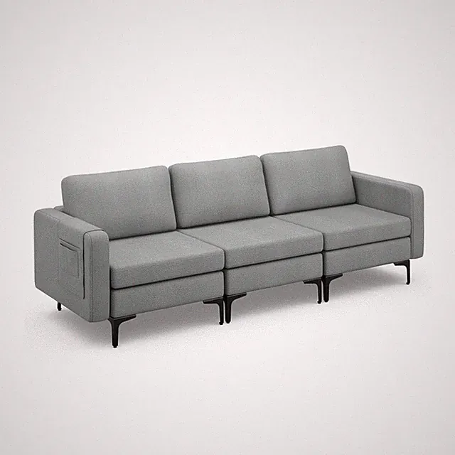 Modern Modular 3-Seat Sofa Couch w/ Side Storage Pocket & Metal Leg Dark Grey