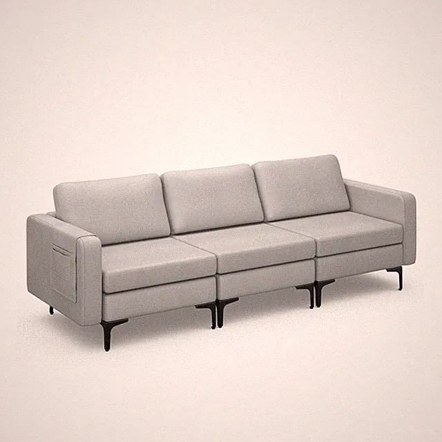 Modern Modular 3-Seat Sofa Couch w/ Side Storage Pocket & Metal Leg Light Grey