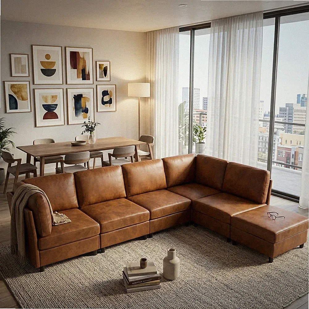 Modern Modular Corner Sofa, Light Brown Polyester, 94.5" L x 62" W