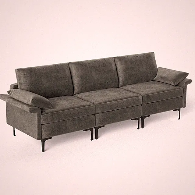 Modern Modular Fabric 3-Seat Sofa Couch Living Room Furniture w/ Metal Legs Grey
