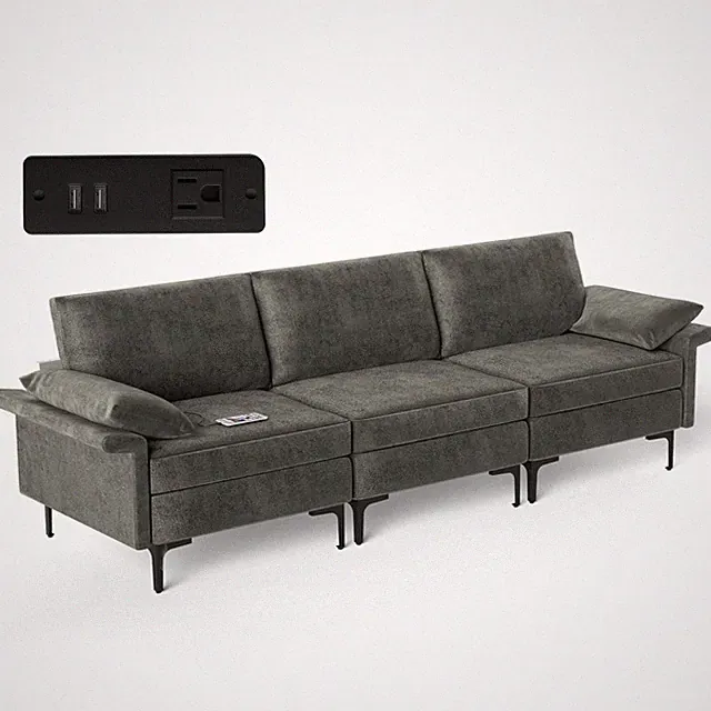 Modern Modular Fabric 3-Seat Sofa Couch w/ Socket USB Ports & Metal Legs Grey