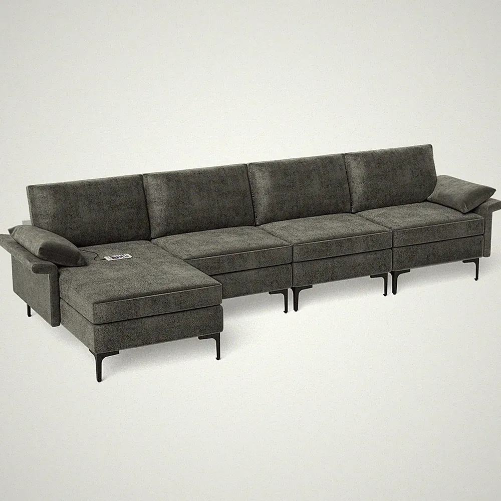 Modern Modular L-shaped Sectional Sofa w/2 Outlets & 4 USB Ports & Metal Legs