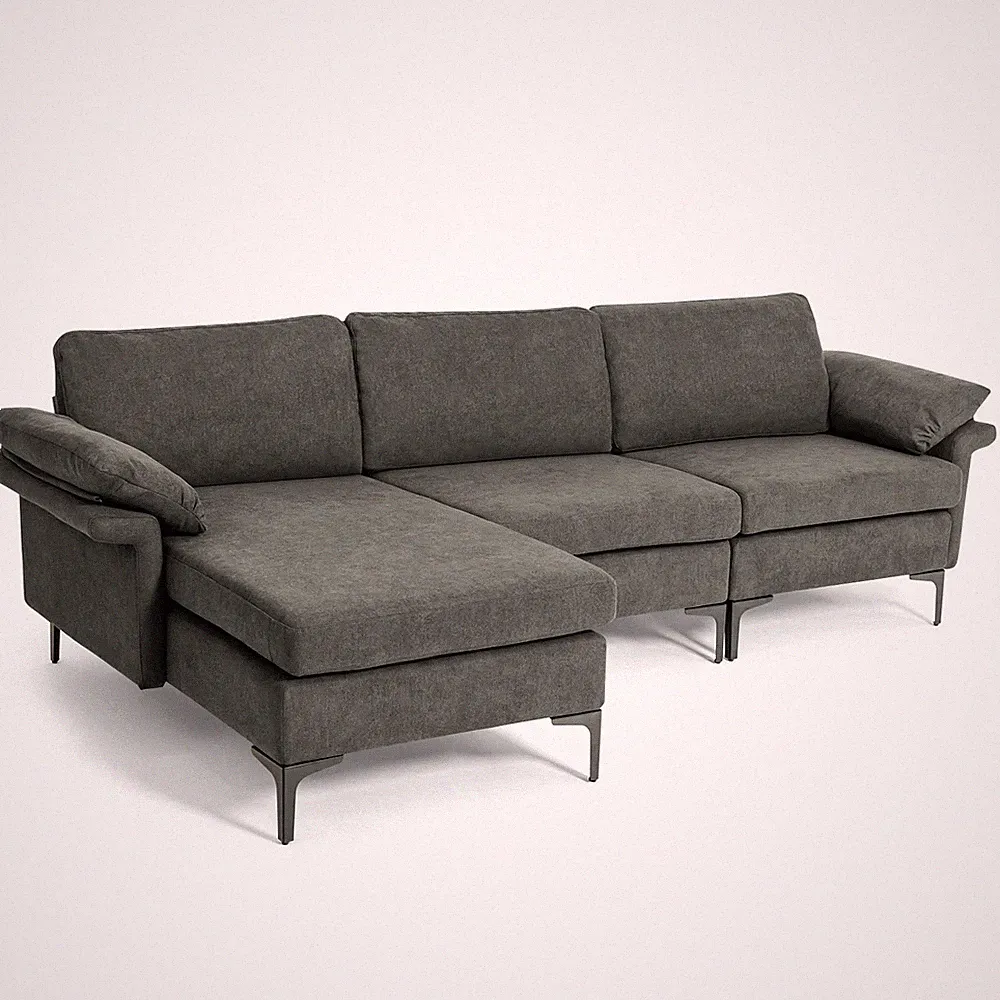 Modern Modular L-shaped Sectional Sofa w/ Chaise Lounge & 2 USB Ports Grey