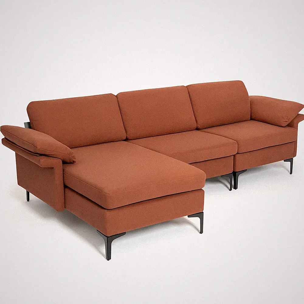 Modern Modular L-shaped Sectional Sofa w/ Chaise Lounge & 2 USB Ports Rust Red