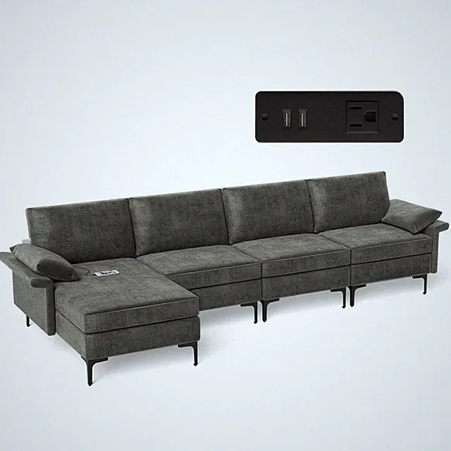 Modern Modular L-shaped Sectional Sofa w/ Outlet & 2 USB Ports & Metal Legs Grey
