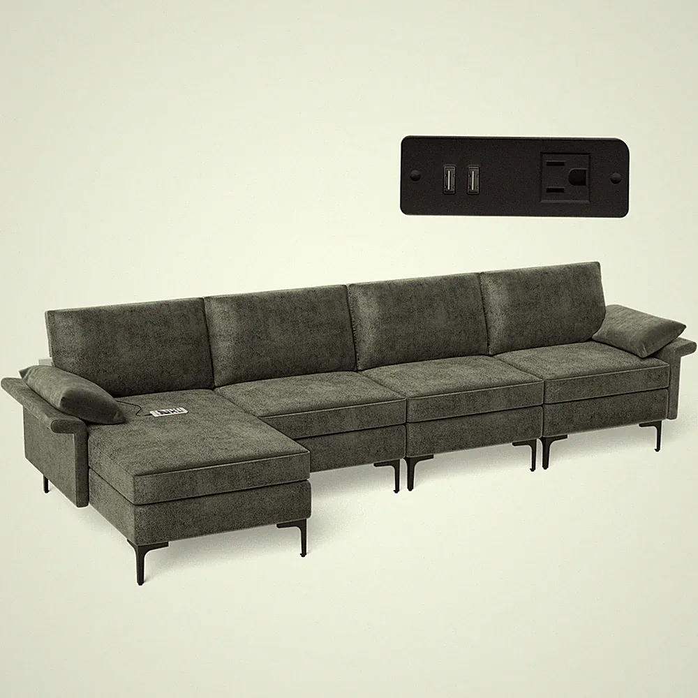Modern Modular L-shaped Sectional Sofa w/ Outlet & 2 USB Ports & Metal Legs Grey