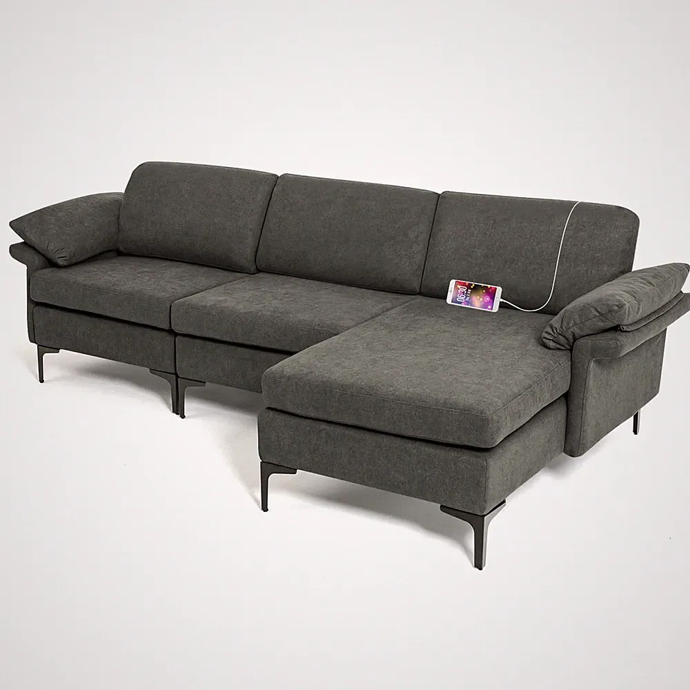 Modern Modular L-shaped Sectional Sofa w/ Reversible Chaise & 2 USB Ports Grey