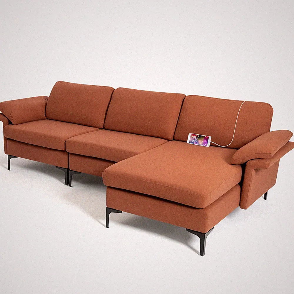 Modern Modular L-shaped Sectional Sofa w/ Reversible Chaise & 2 USB Ports Red