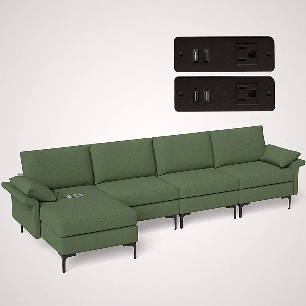 Modern Modular L-shaped Sectional Sofa w/ Reversible Chaise & 4 USB Ports Green
