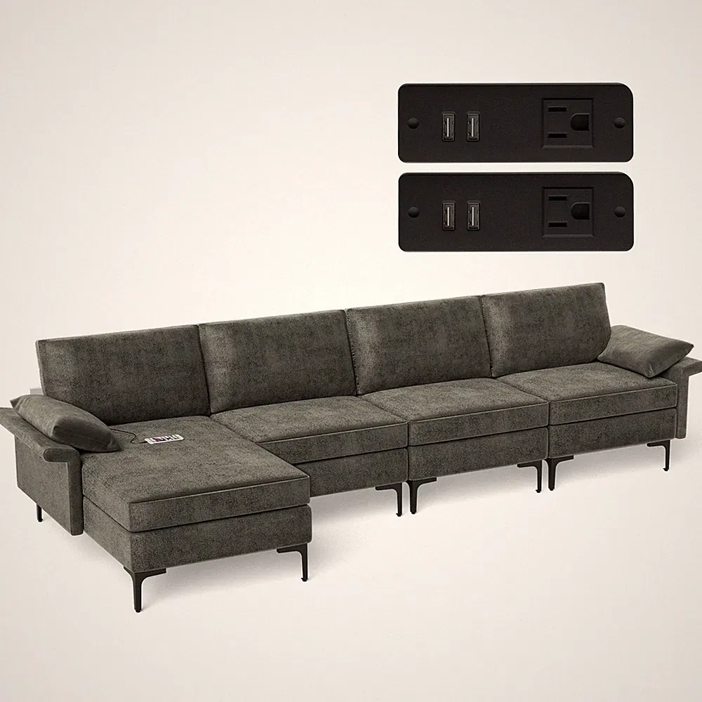 Modern Modular L-shaped Sectional Sofa w/ Reversible Chaise & 4 USB Ports Grey