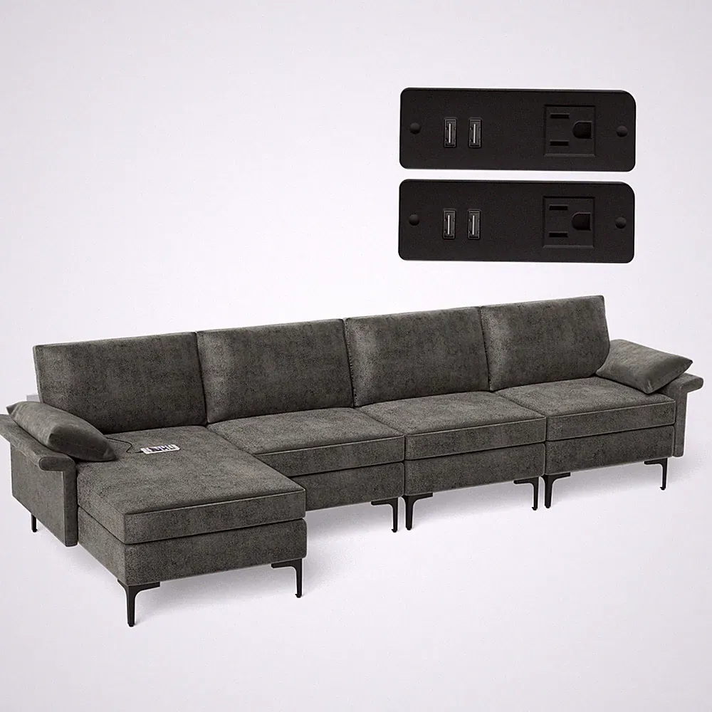 Modern Modular L-shaped Sectional Sofa w/ Reversible Chaise & 4 USB Ports Grey