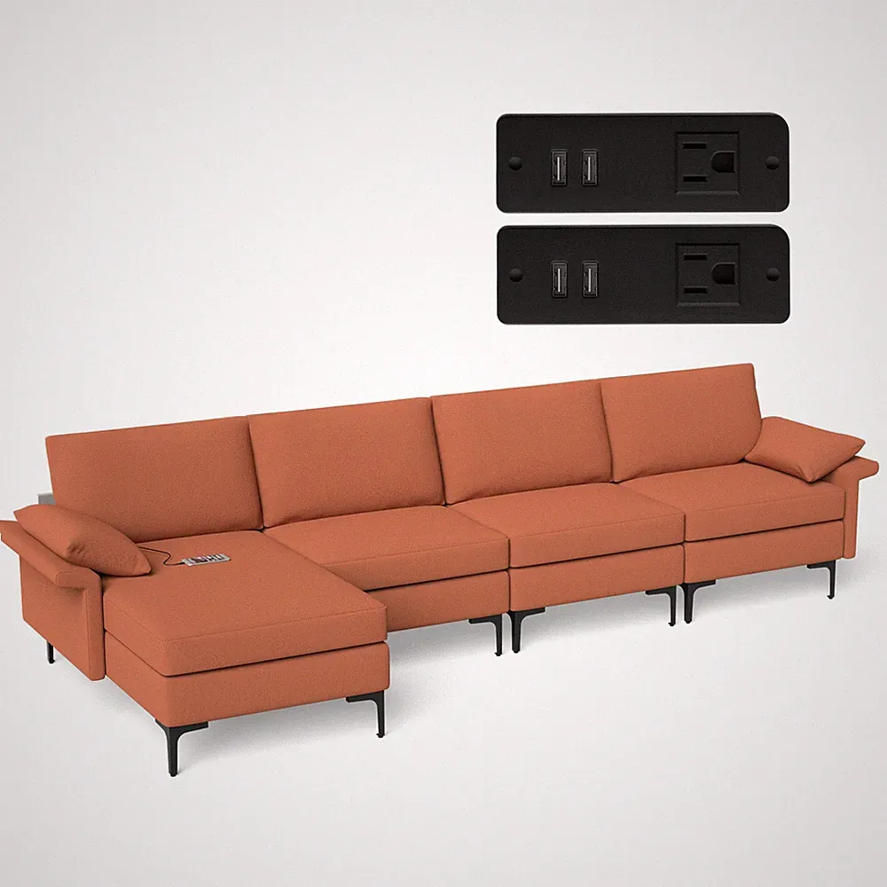 Modern Modular L-shaped Sectional Sofa w/ Reversible Chaise & 4 USB Ports Red