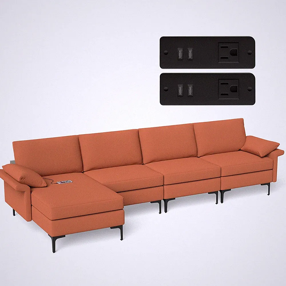 Modern Modular L-shaped Sectional Sofa w/ Reversible Chaise & 4 USB Ports Red