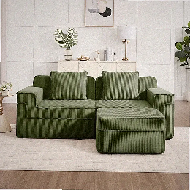 Modern Modular L-Shaped Sofa with Ottoman & Pillows, Green Corduroy