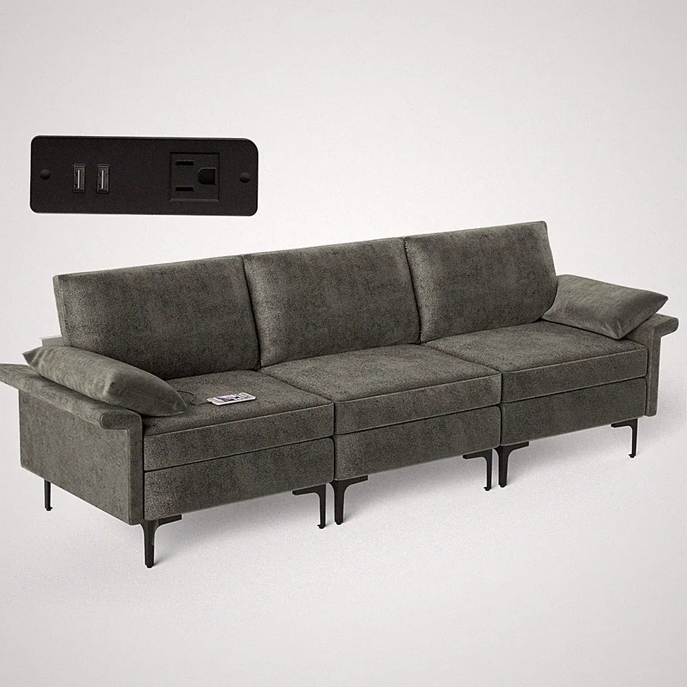 Modern Modular Loveseat 3-Seat Sofa Couch w/ Socket USB Ports & Metal Legs Grey