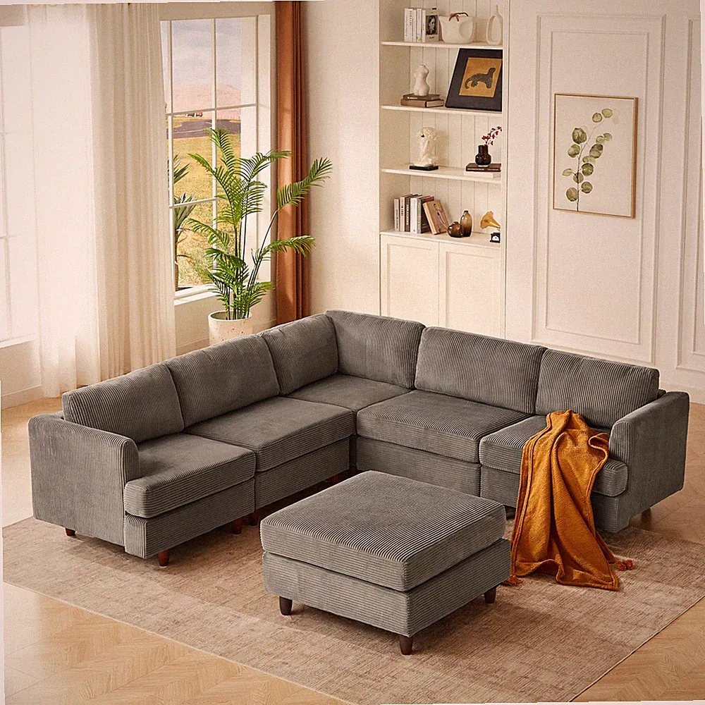 Modern Modular Sectional Sleeper Sofa 6 Seater Corduroy Upholstered Gray