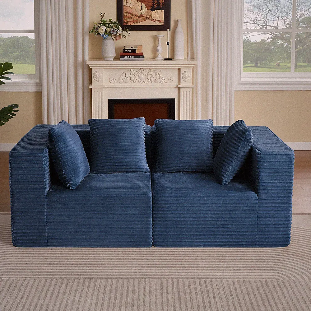 Modern Modular Sectional Sofa, 2 Seat, Blue Corduroy, No Assembly