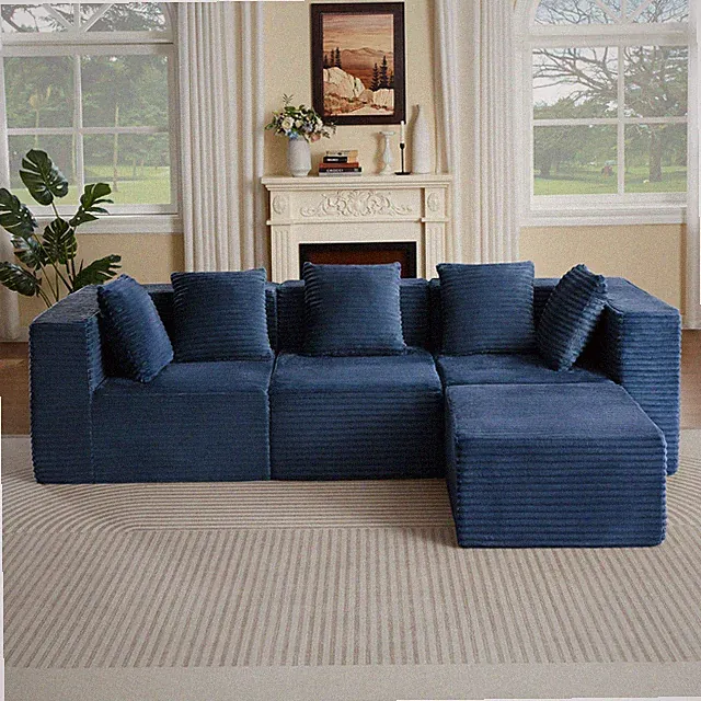 Modern Modular Sectional Sofa, 4 Seat, Blue Corduroy, No Assembly