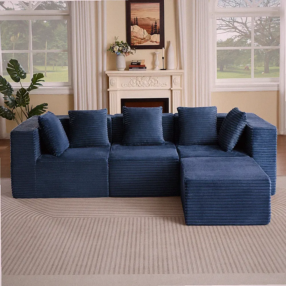 Modern Modular Sectional Sofa, 4 Seat, Blue Corduroy, Plush Cloud Couch Style