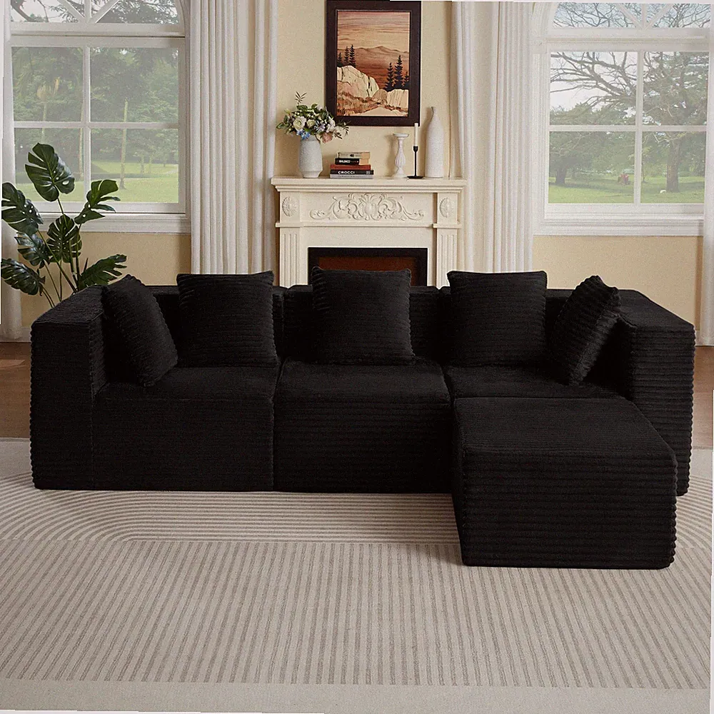 Modern Modular Sectional Sofa, 4 Seat, Corduroy, Black