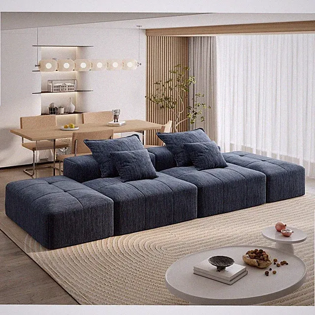 Modern Modular Sectional Sofa 4-Seater w/ 2 Ottomans, No Assembly, Blue
