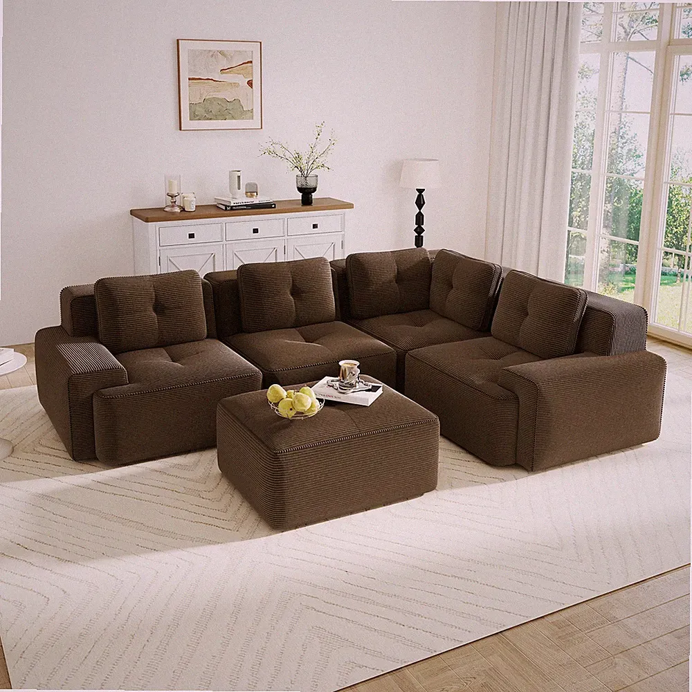 Modern Modular Sectional Sofa Brown Corduroy Fabric Living Room Oversized L