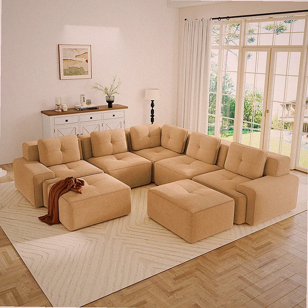 Modern Modular Sectional Sofa Camel Corduroy Fabric 5-Seat Deep Lounge L-Shape