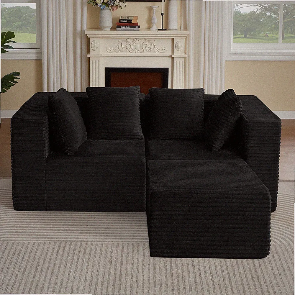 Modern Modular Sectional Sofa, Corduroy, 3-Seat, Black, Plush Comfort
