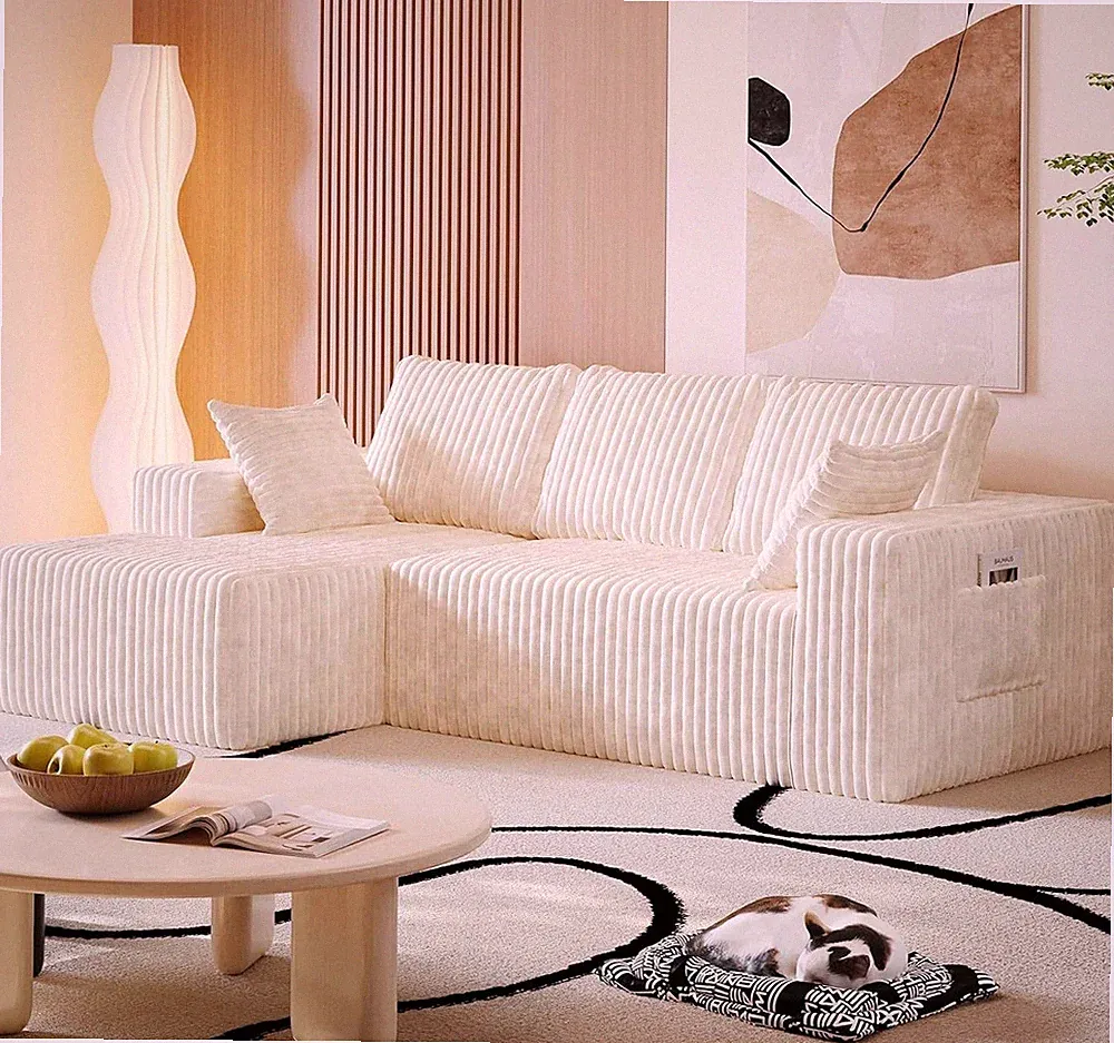 Modern Modular Sectional Sofa Couch Cream Flannel Convertible Chaise Sleeper Bed