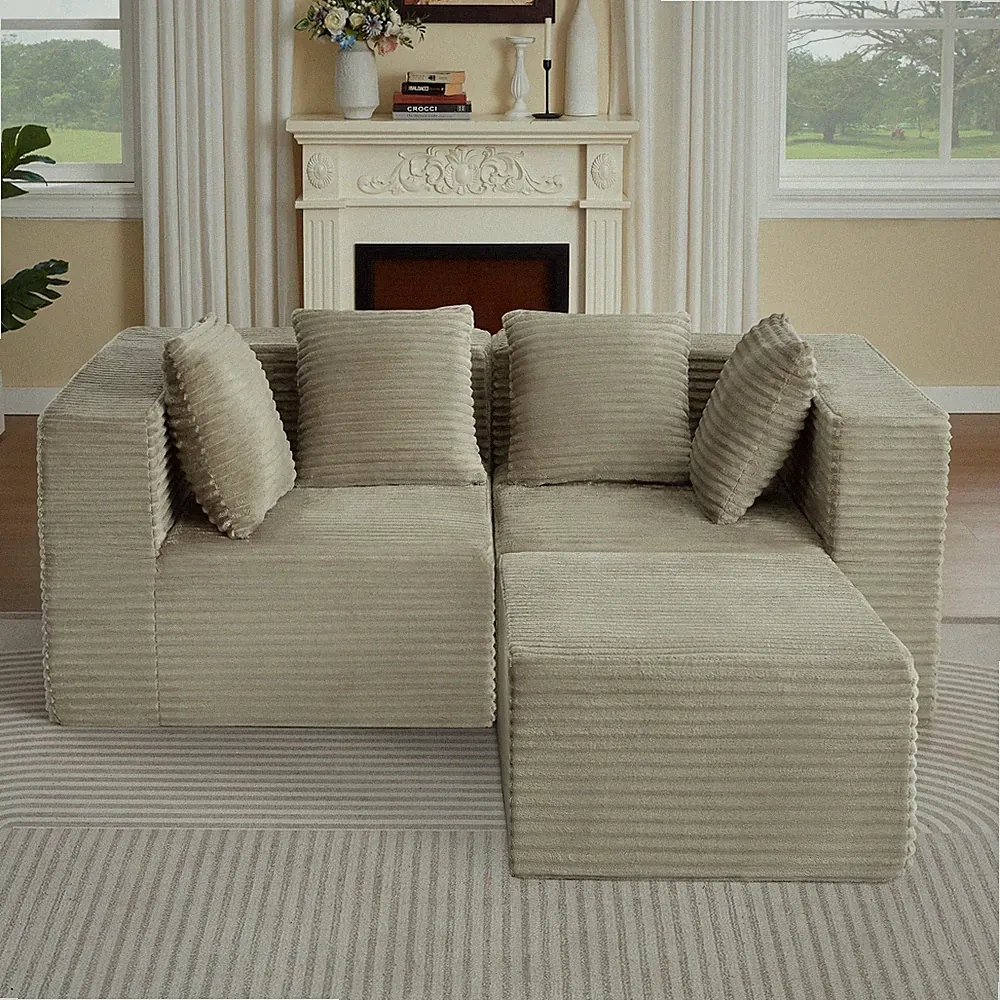 Modern Modular Sectional Sofa, Cream Corduroy, 3-Seat, Plush Cloud Couch Style