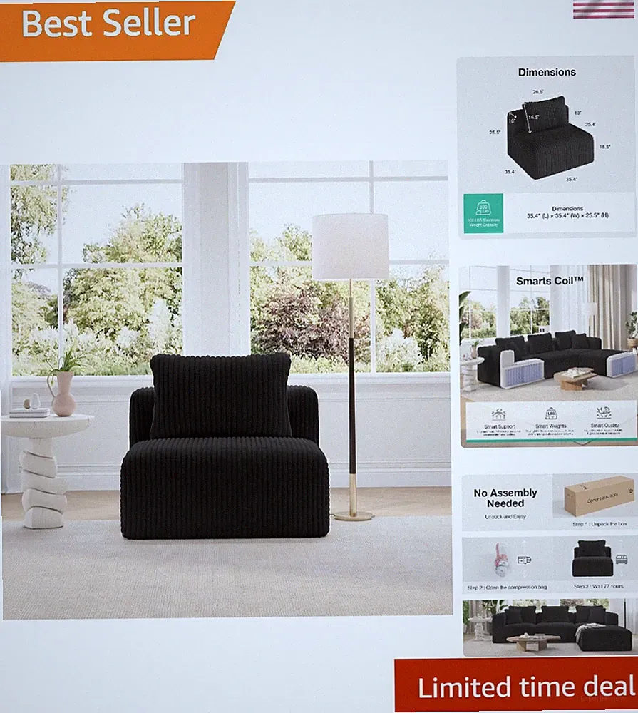 Modern Modular Sectional Sofa - No Assembly Required, Armless Design in Black