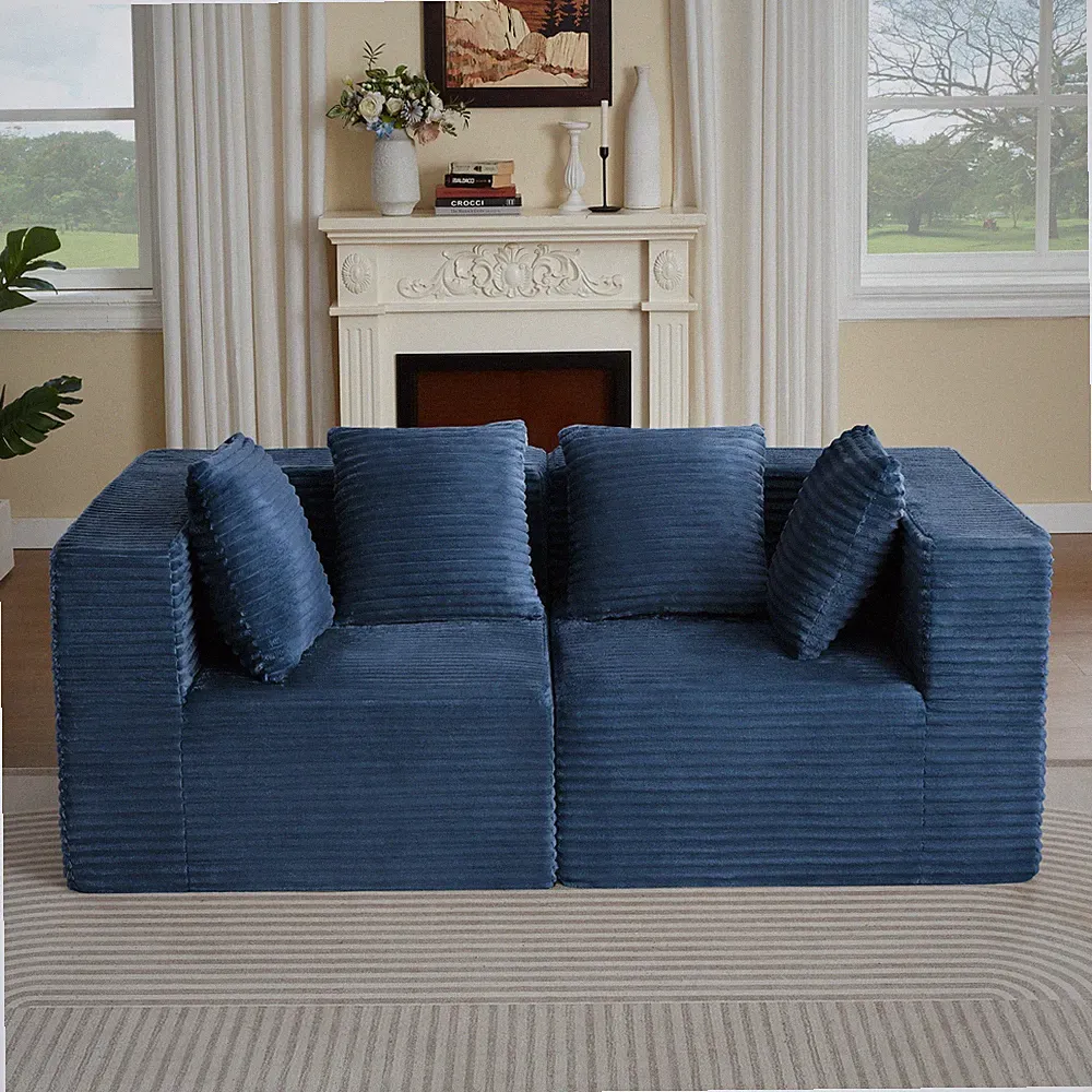 Modern Modular Sectional Sofa, Plush Corduroy, Blue, 2-Seat