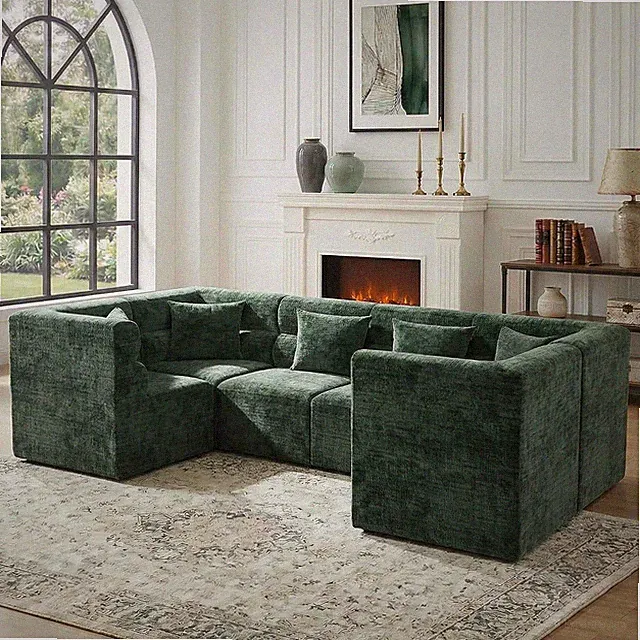 Modern Modular Sectional Sofa - U Shape Couch & Ultra Soft Chenille Green Fabric