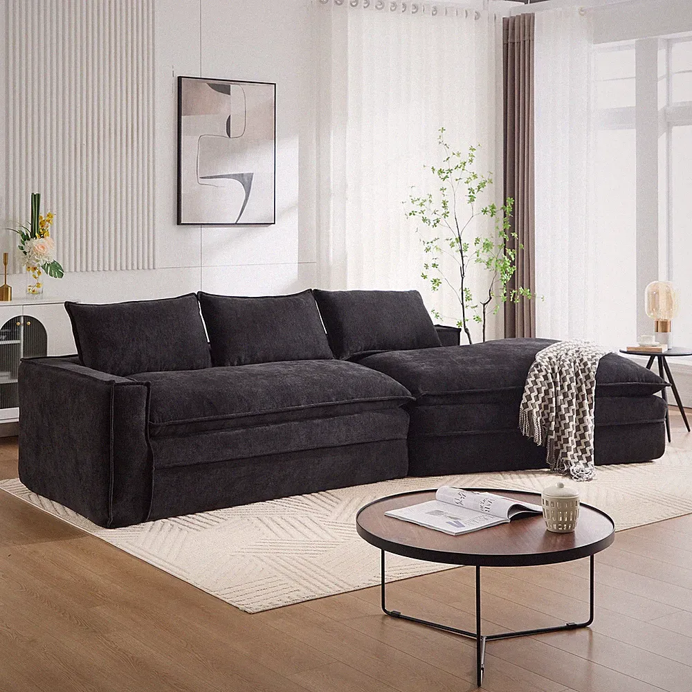 Modern Modular Sectional Sofa with Right Chaise, Black, 3-Seat
