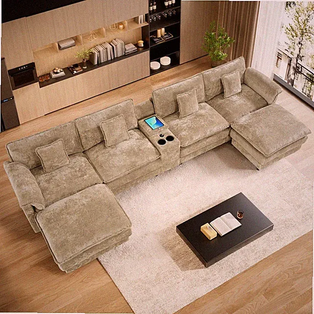 Modern Oversized 6-Seat U Shaped Sectional Sofa w/Storage USB Ports Cup Holders