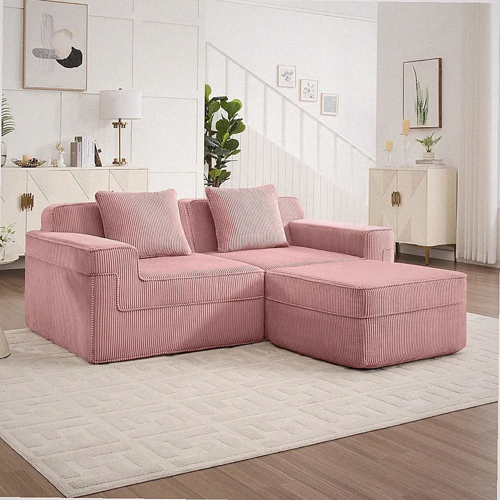 Modern Pink L-Shaped Modular Sofa with Ottoman & Pillows for Living Room