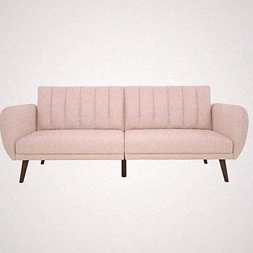 Modern Pink Linen Futon Sofa Bed Mid-Century Sleeper Couch Wooden Legs