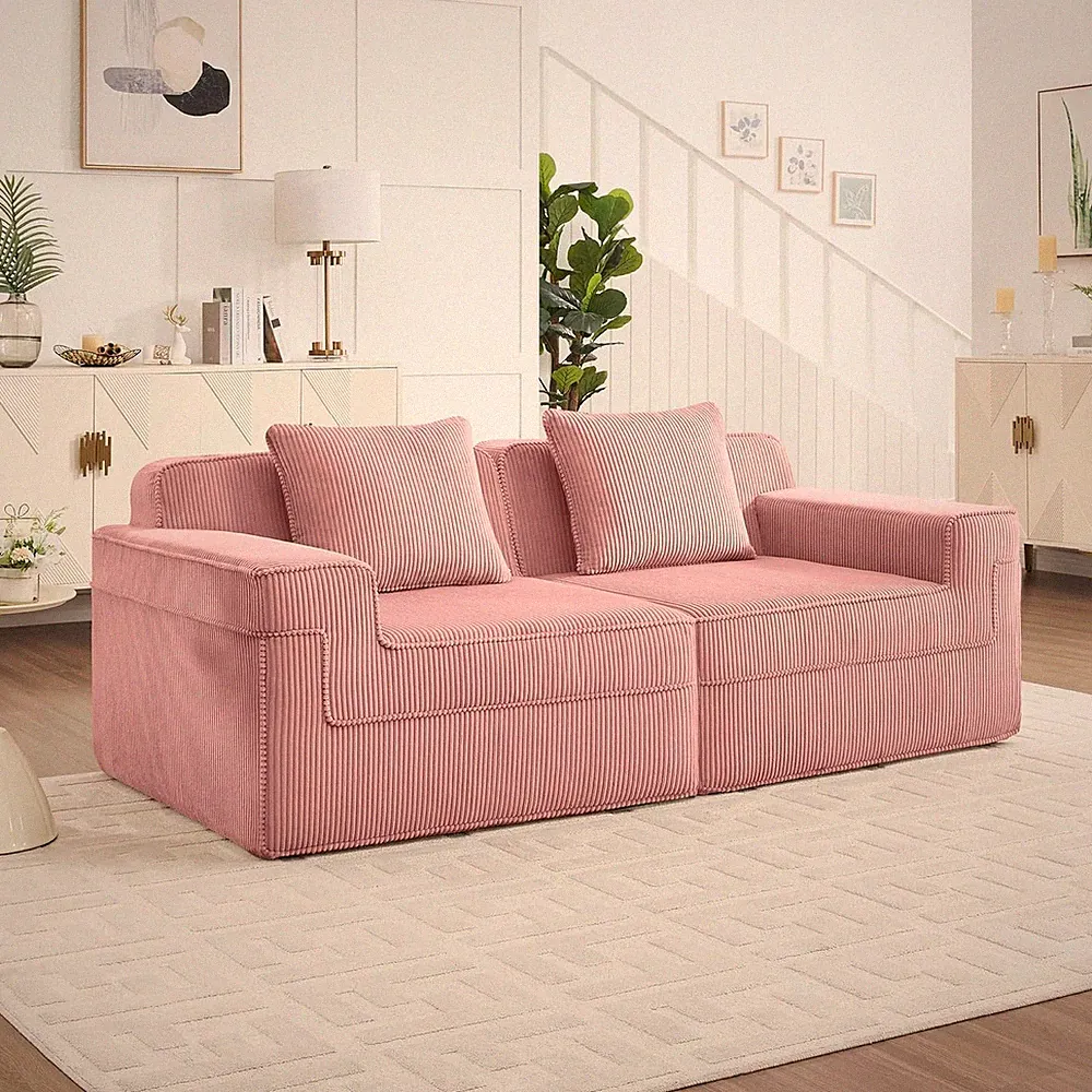 Modern Pink Modular 2-Seat Loveseat Sofa with Deep Seat & Throw Pillows