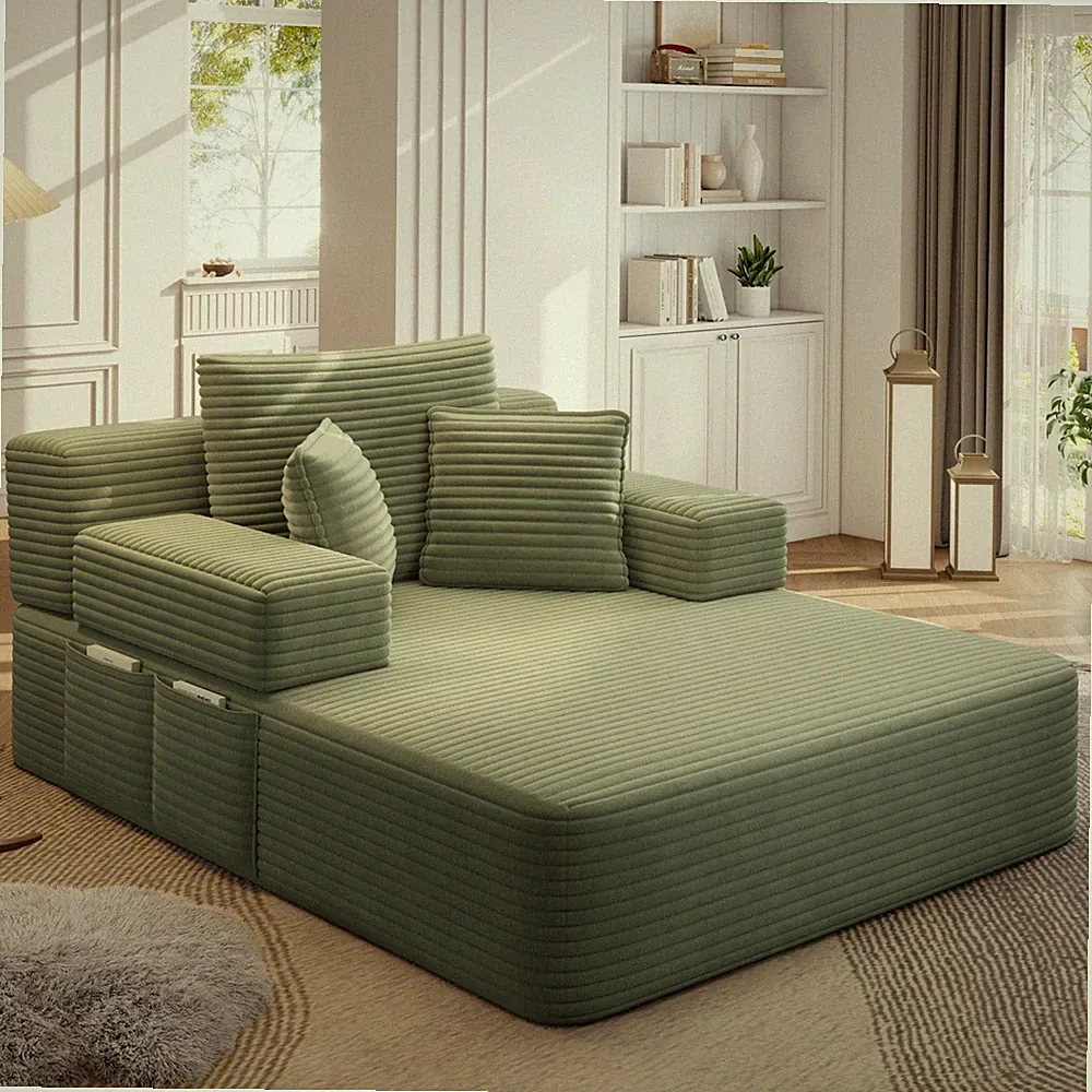 Modern Plush Corduroy Sofa Bed Chaise Lounge No Assembly Required for Apartment