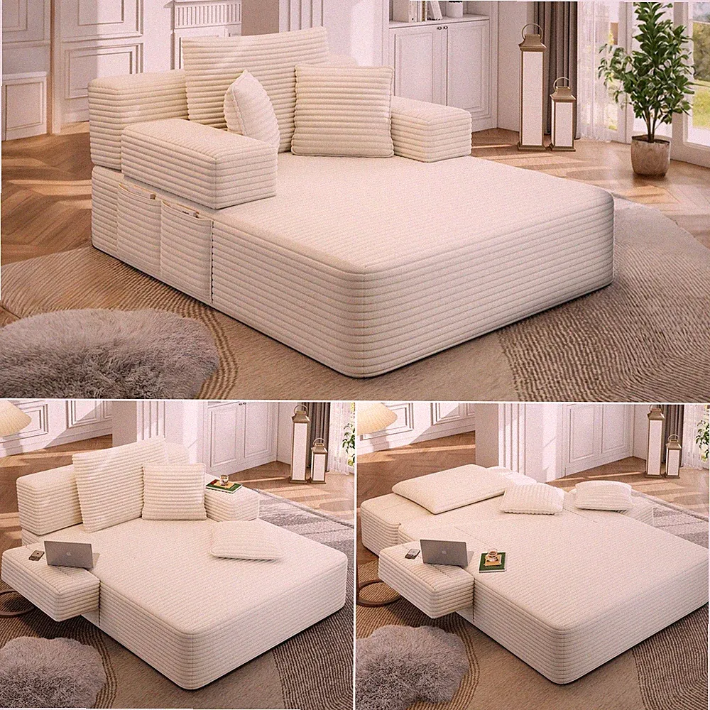 Modern Plush Corduroy Sofa Bed Chaise Lounge No Assembly Required with 3 Pillows