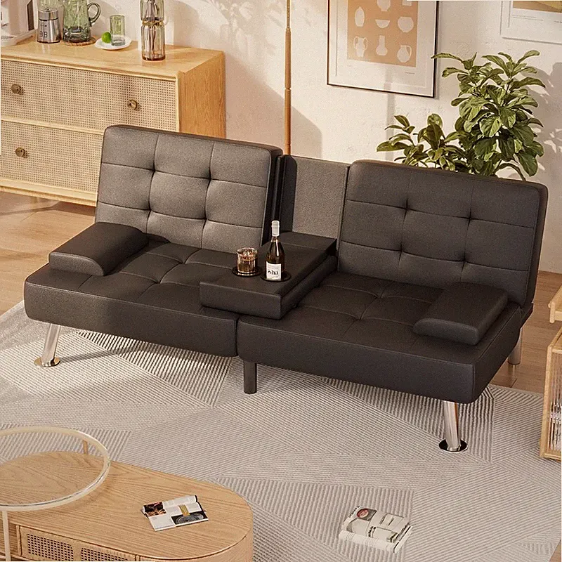 Modern PU Leather Futon Sofa Bed Black 3-in-1 Linen Convertible Cup Holder