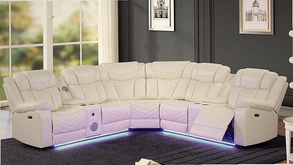 Modern Recliner Sectional Sofa with USB-C Ports & Bluetooth, Faux Leather