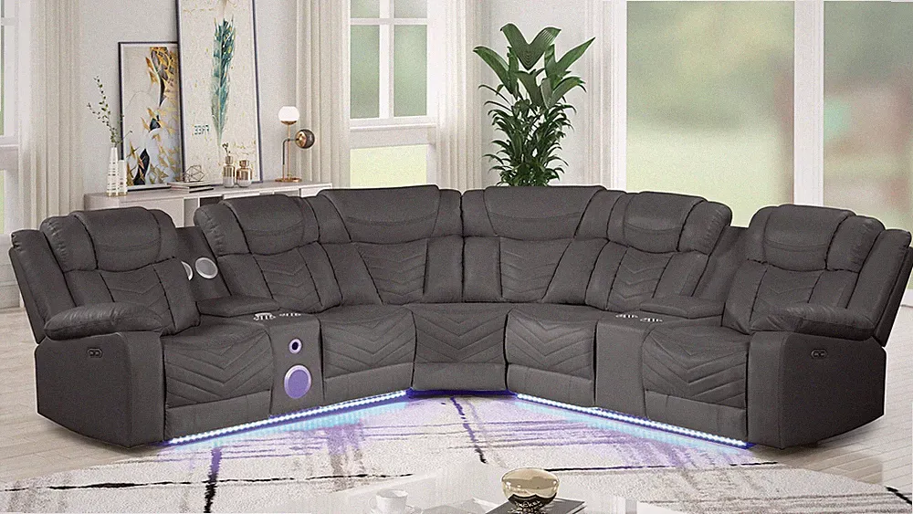 Modern Recliner Sectional Sofa with USB-C Ports & Bluetooth, Gray