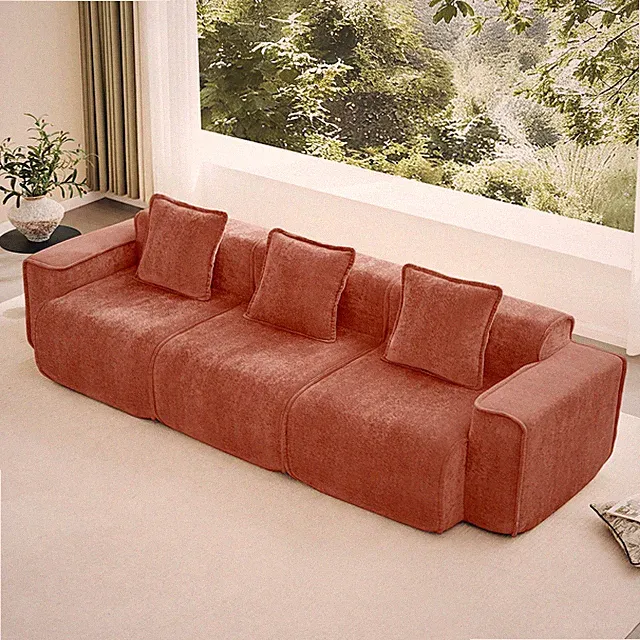 Modern Red Velvet 3-Seat Sectional Sofa w/ Pillows, No Assembly, French Piping